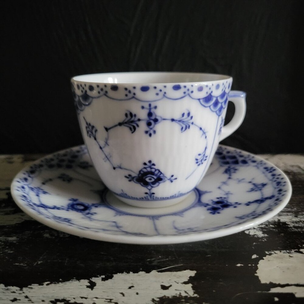 Vintage Royal Copenhagen Blue Fluted Half Lace Small Cup and Saucer Set #756